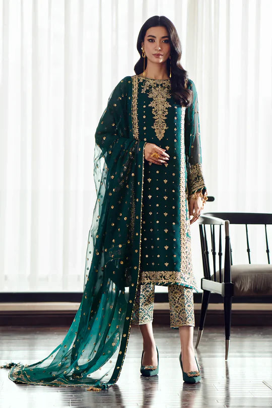 Dark Green Embroidered Chiffon Silk Pant Style Suit SWAGLIBAAS