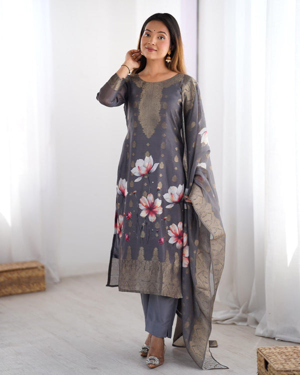 "Floral Elegance Silk Suit Set with Dupatta – Available in Grey & Lavender | swaglibaas